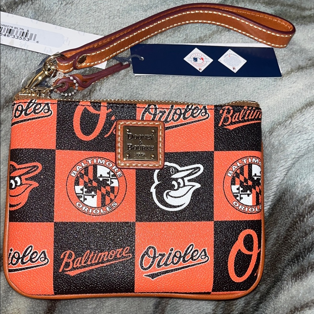 Authentic Dooney & Bourke Orange and Black Orioles Checkered Wristlet